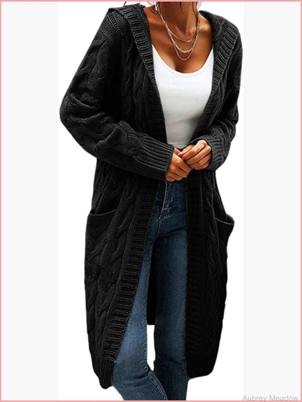Cable Knit Long Sleeve Hooded Cardigan Sweater Open Front Pockets